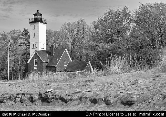 Presque Isle Lighthouse (Presque Isle Lighthouse Black and White Picture 001 - May 16, 2018 from Presque Isle State Park, Pennsylvania)